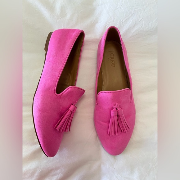J Crew | Women’s 7.5 | Vegan Suede Smoking Tassel Loafers Neon Flamingo Pink - Picture 1 of 10